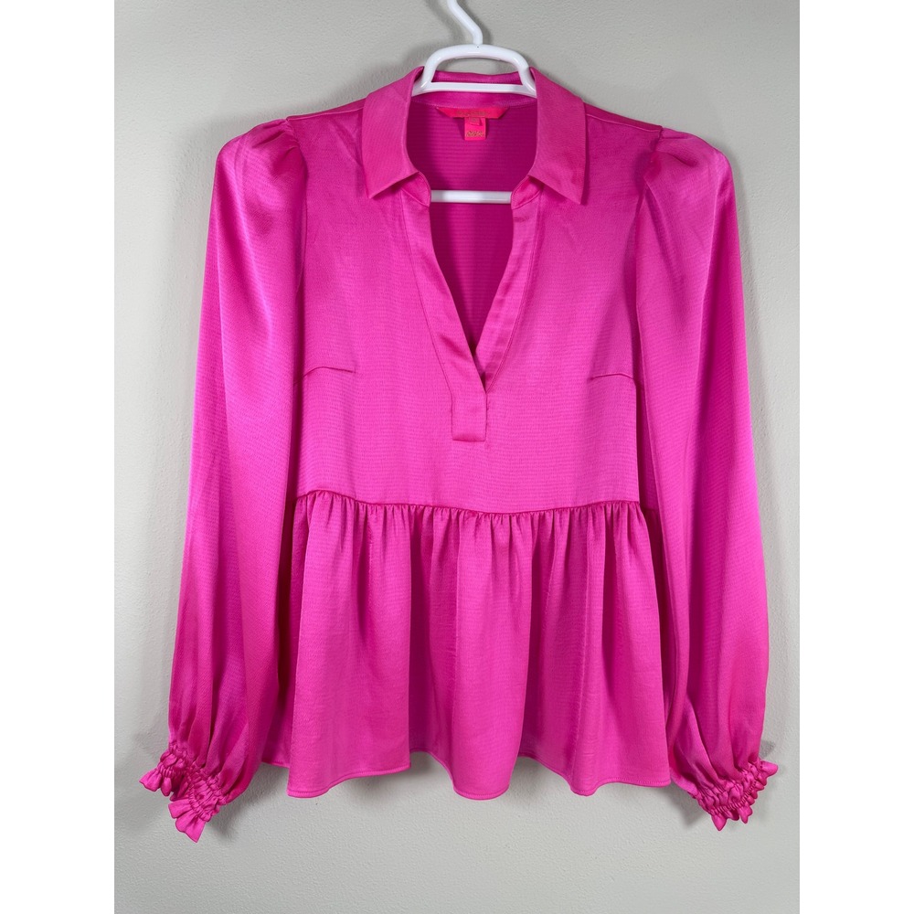 Lilly Pulitzer Jaylene Top Womens 4‎ Hot Pink Satin Long Sleeve V-Neck Barbie